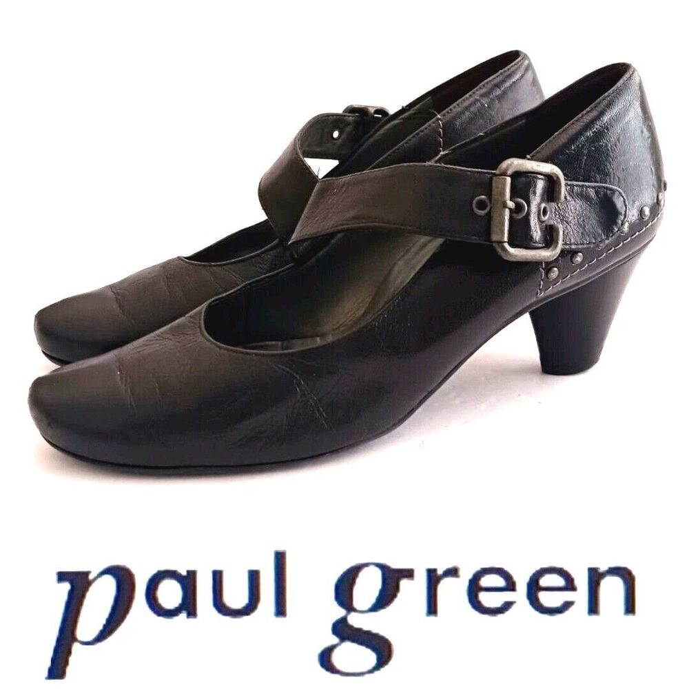 Paul Green Blk Leather Heeled Mary Jane Wide Buckle Strap Stud Trim US 8